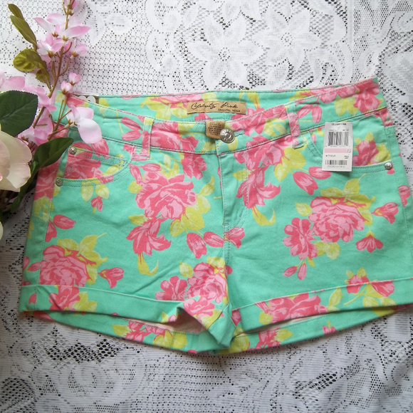 Celebrity Pink Pants - Celebrity Pink Mint Green Floral Denim Shorts NWT